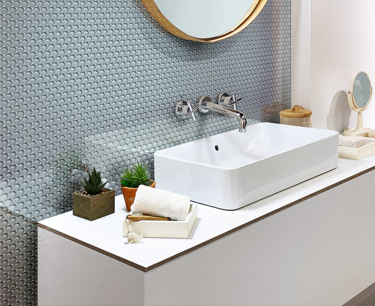 Apollo Tile (Sample) Colorway Light Gray 4-in x 4-in Glossy Glass Penny Round Mosaic Floor and Wall Tile