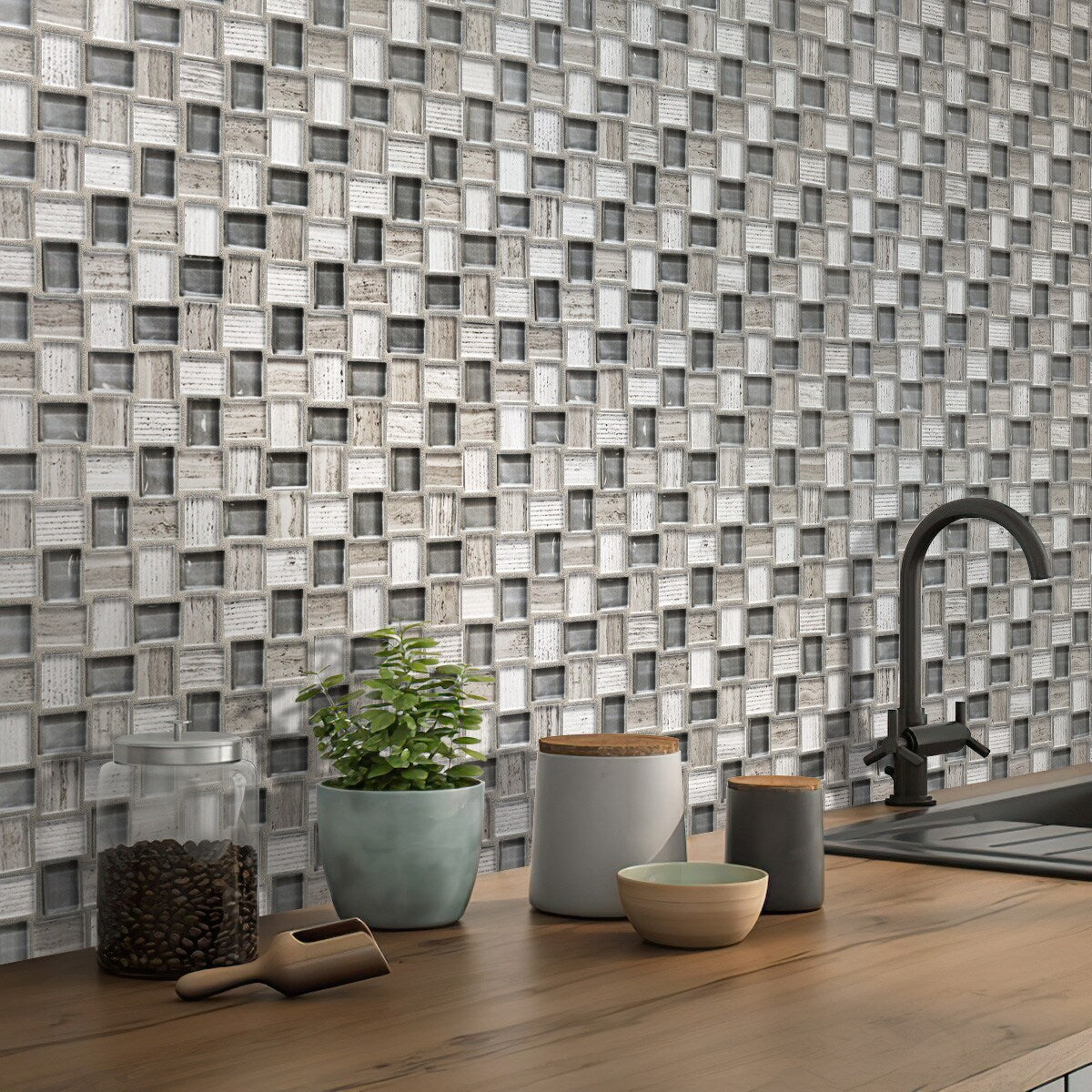 Apollo Tile (Sample) Sparta Wooden Gray 4-in x 4-in Polished Marble Basketweave Patterned Floor and Wall Tile