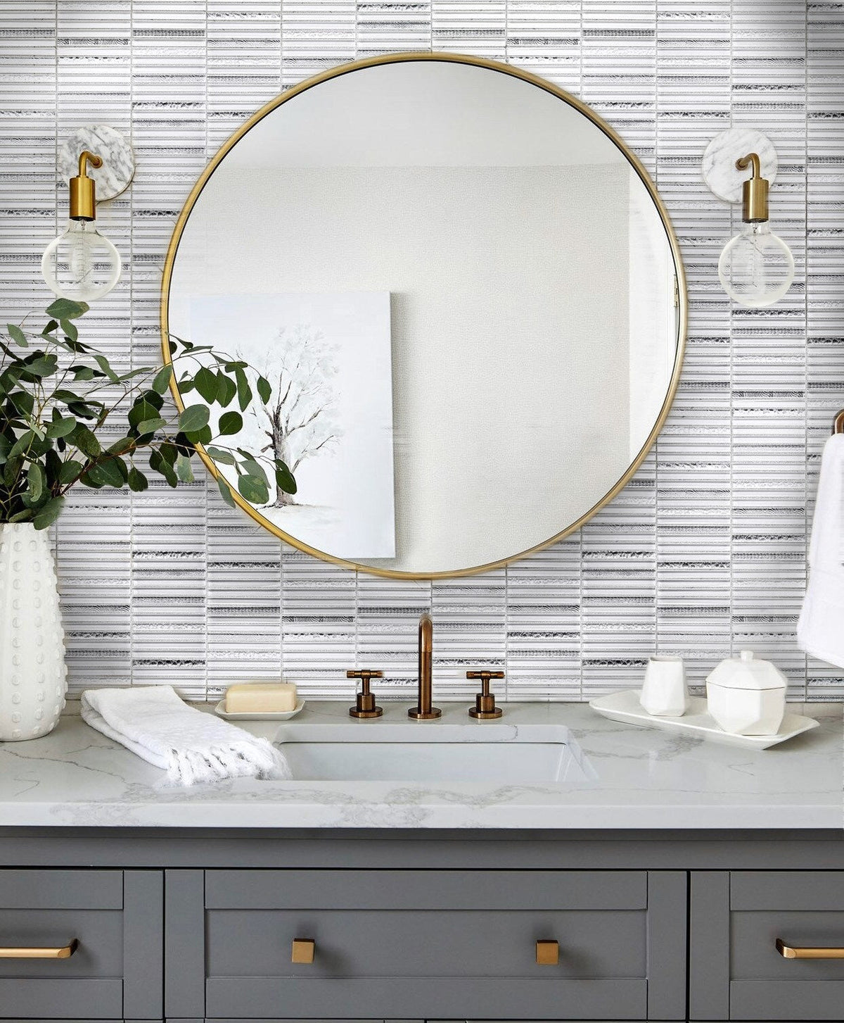 Apollo Tile (Sample) Waterfall White and Silver 4-in x 4-in Glossy Glass Linear Patterned Wall Tile