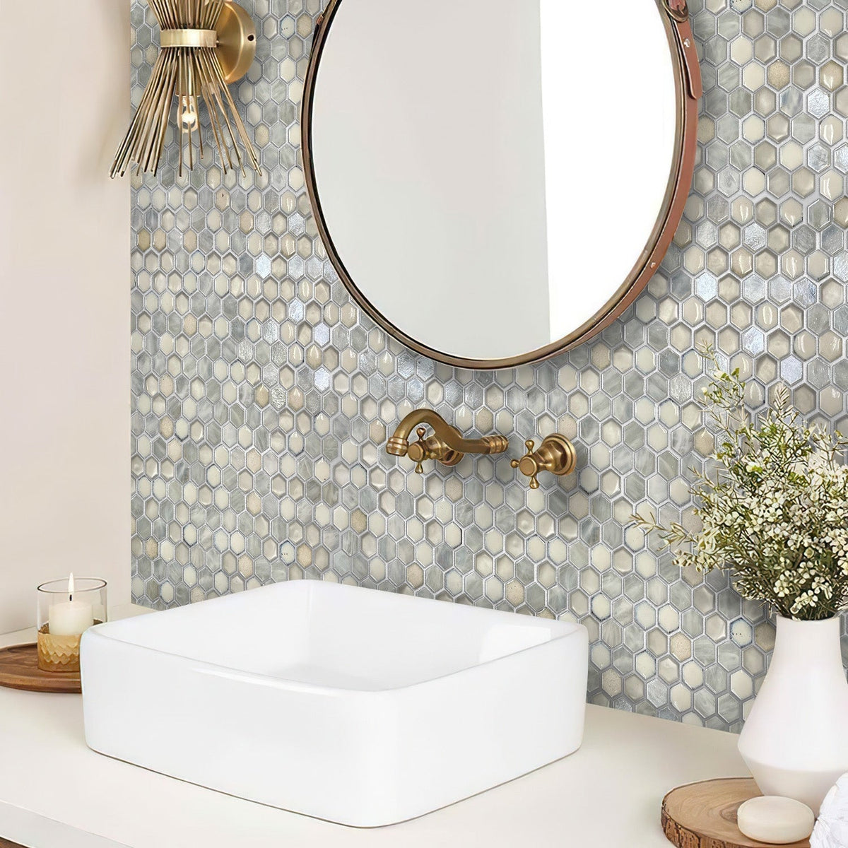 Apollo Tile (Sample) Majeste Silver and White 4-in x 4-in Matte Glass Honeycomb Mosaic Floor and Wall Tile