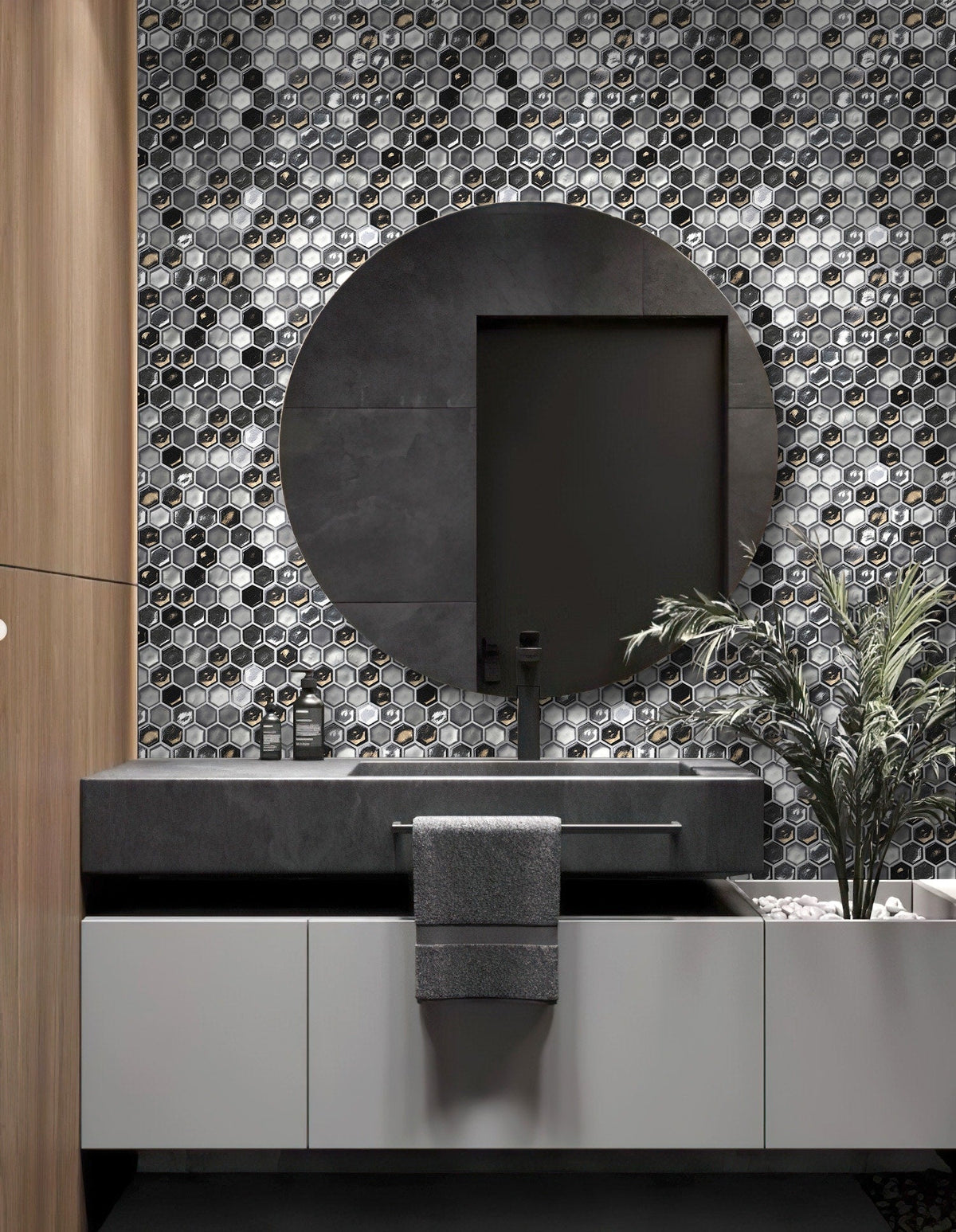 Apollo Tile (Sample) Majeste Silver and Black 4-in x 4-in Matte Glass Honeycomb Patterned Floor and Wall Tile