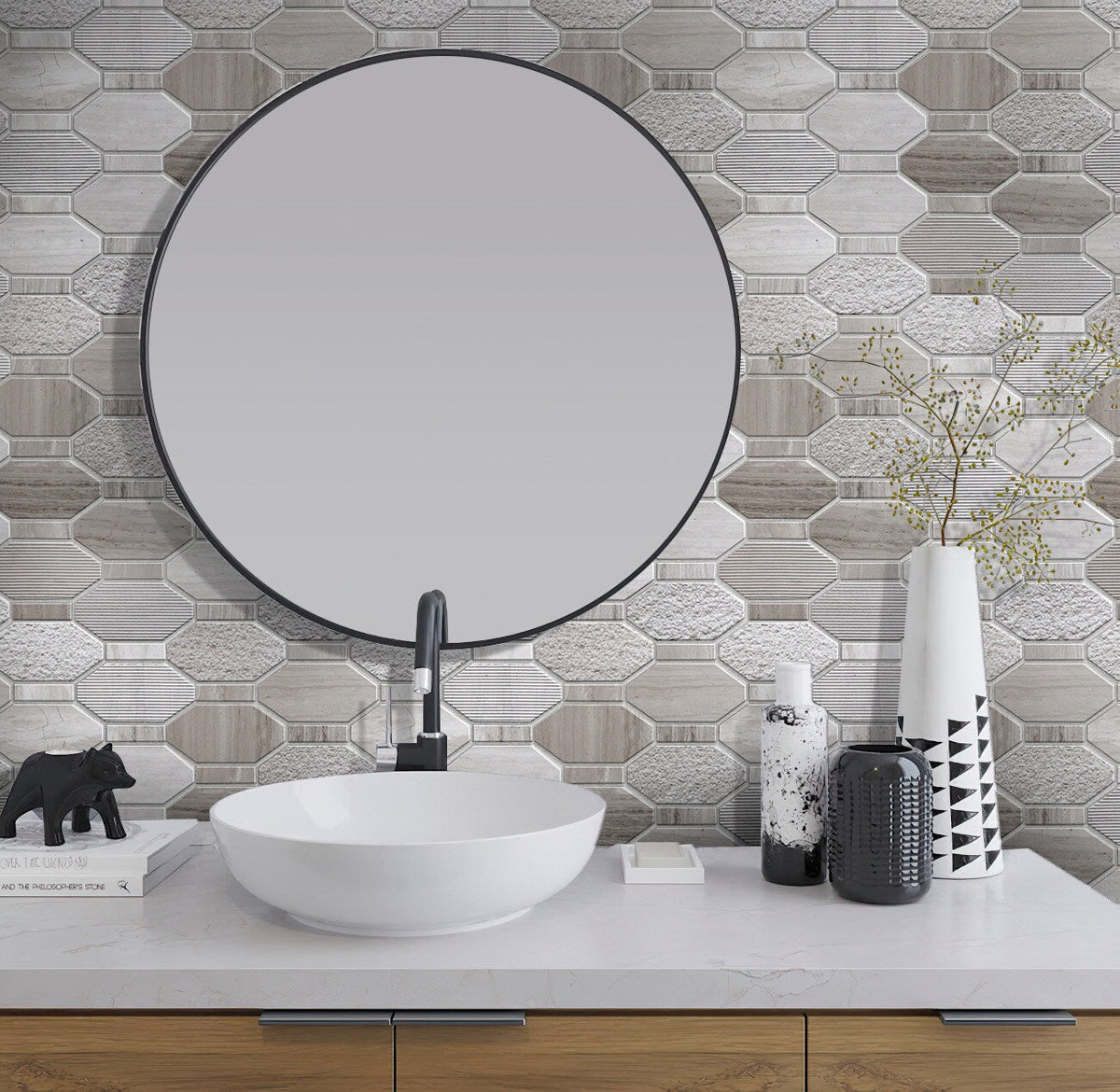 Apollo Tile (Sample) Sparta Wooden Gray 4-in x 4-in Polished Marble Honeycomb Wood Look Floor and Wall Tile