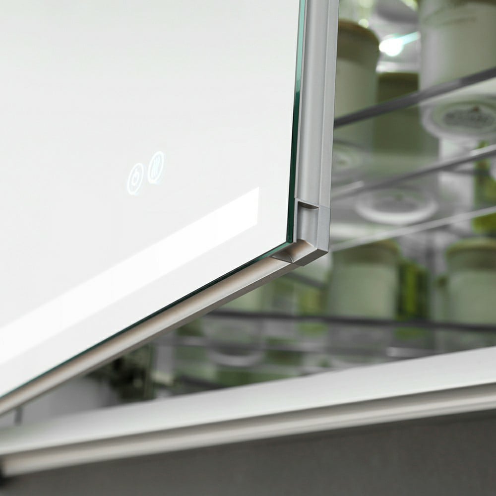 Fresca Spazio 30-in x 36-in Lighted LED Fog Free Surface/Recessed Mount LED Lighting Mirror Mirrored Soft Close Medicine Cabinet with Outlet