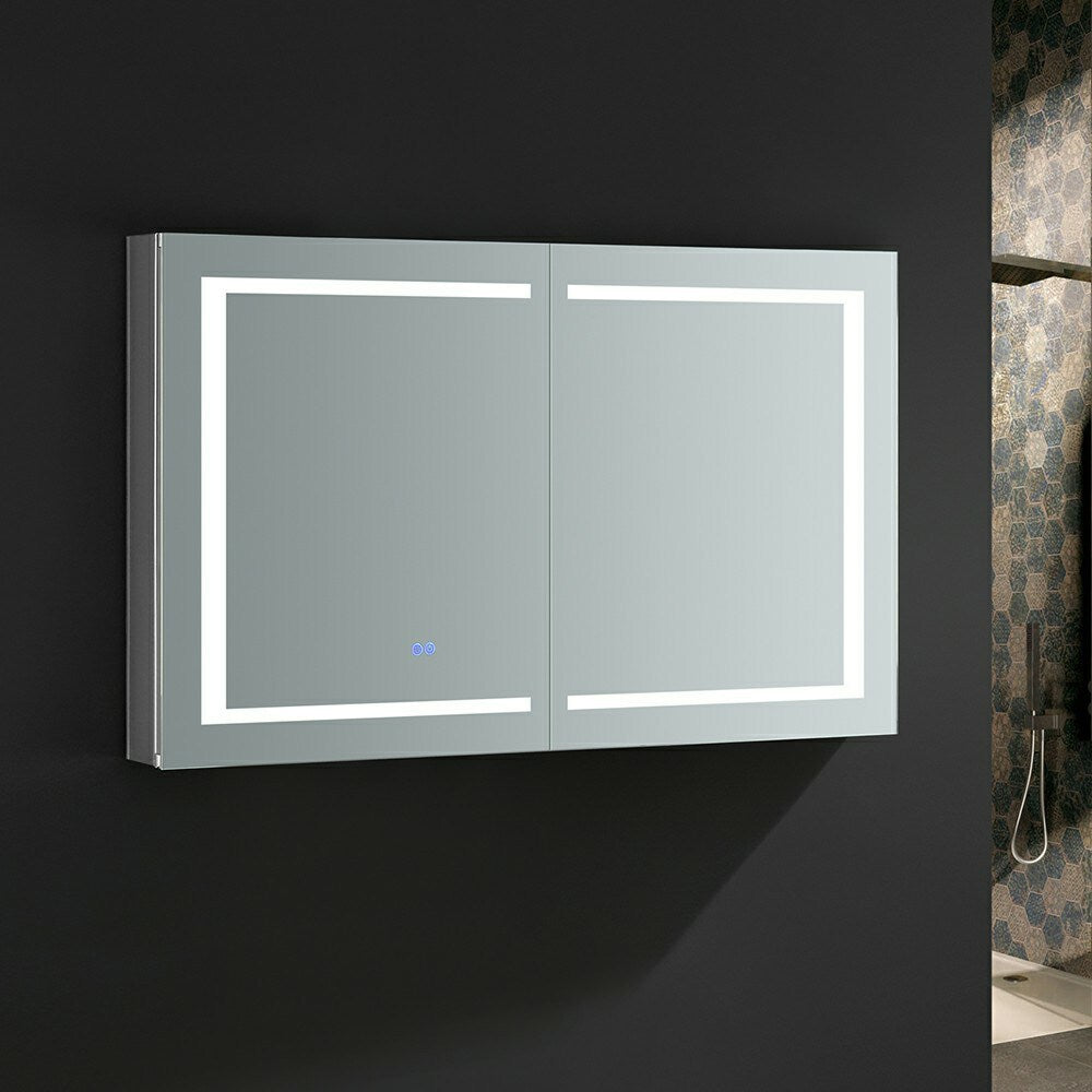 Fresca Spazio 48-in x 30-in Lighted LED Fog Free Surface/Recessed Mount LED Lighting Mirror Mirrored Soft Close Medicine Cabinet with Outlet