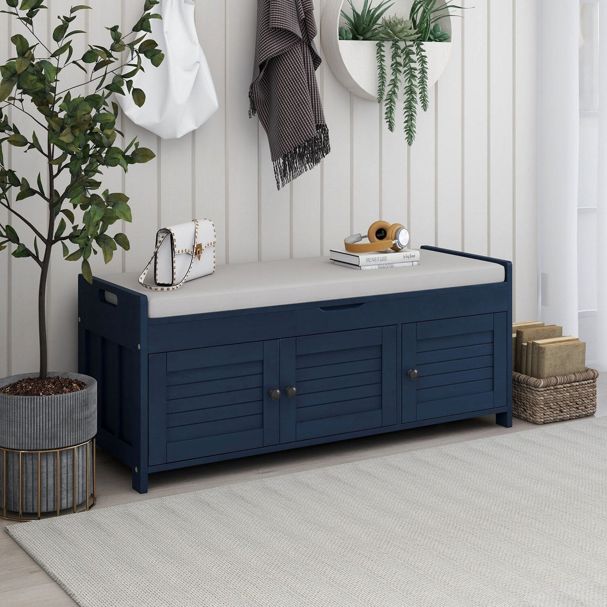 GZMR Navy Blue Storage Bench Modern Navy Blue Storage Bench 43.5-in x 16-in x 18-in