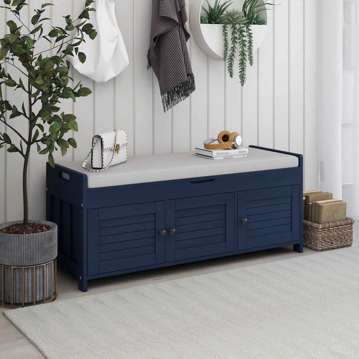GZMR Navy Blue Storage Bench Modern Navy Blue Storage Bench 43.5-in x 16-in x 18-in