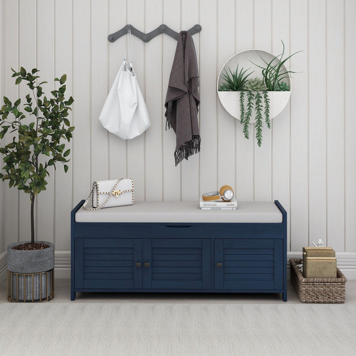 GZMR Navy Blue Storage Bench Modern Navy Blue Storage Bench 43.5-in x 16-in x 18-in
