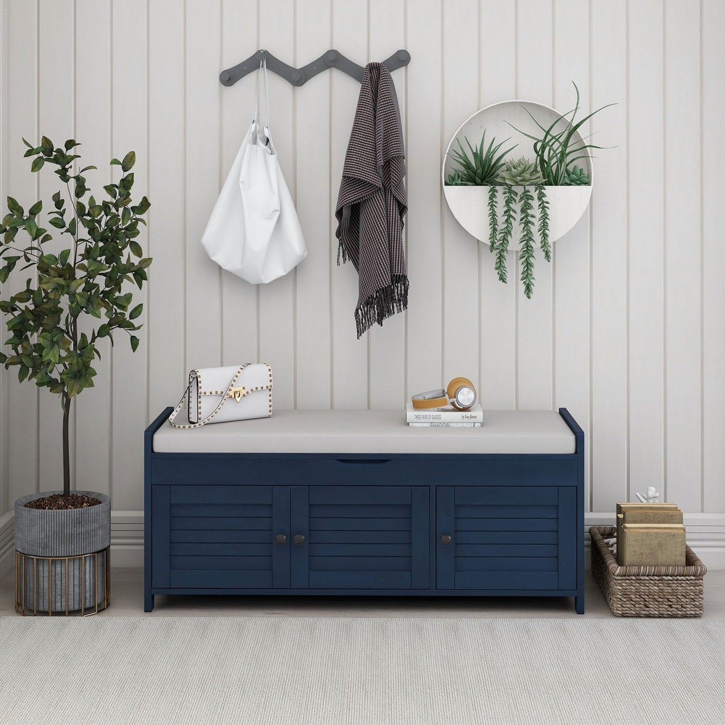 GZMR Navy Blue Storage Bench Modern Navy Blue Storage Bench 43.5-in x 16-in x 18-in