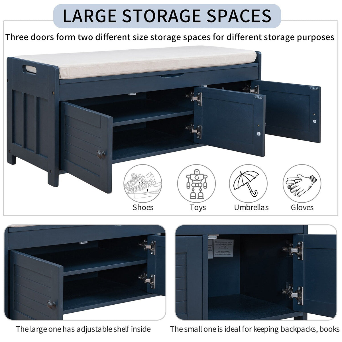 GZMR Navy Blue Storage Bench Modern Navy Blue Storage Bench 43.5-in x 16-in x 18-in