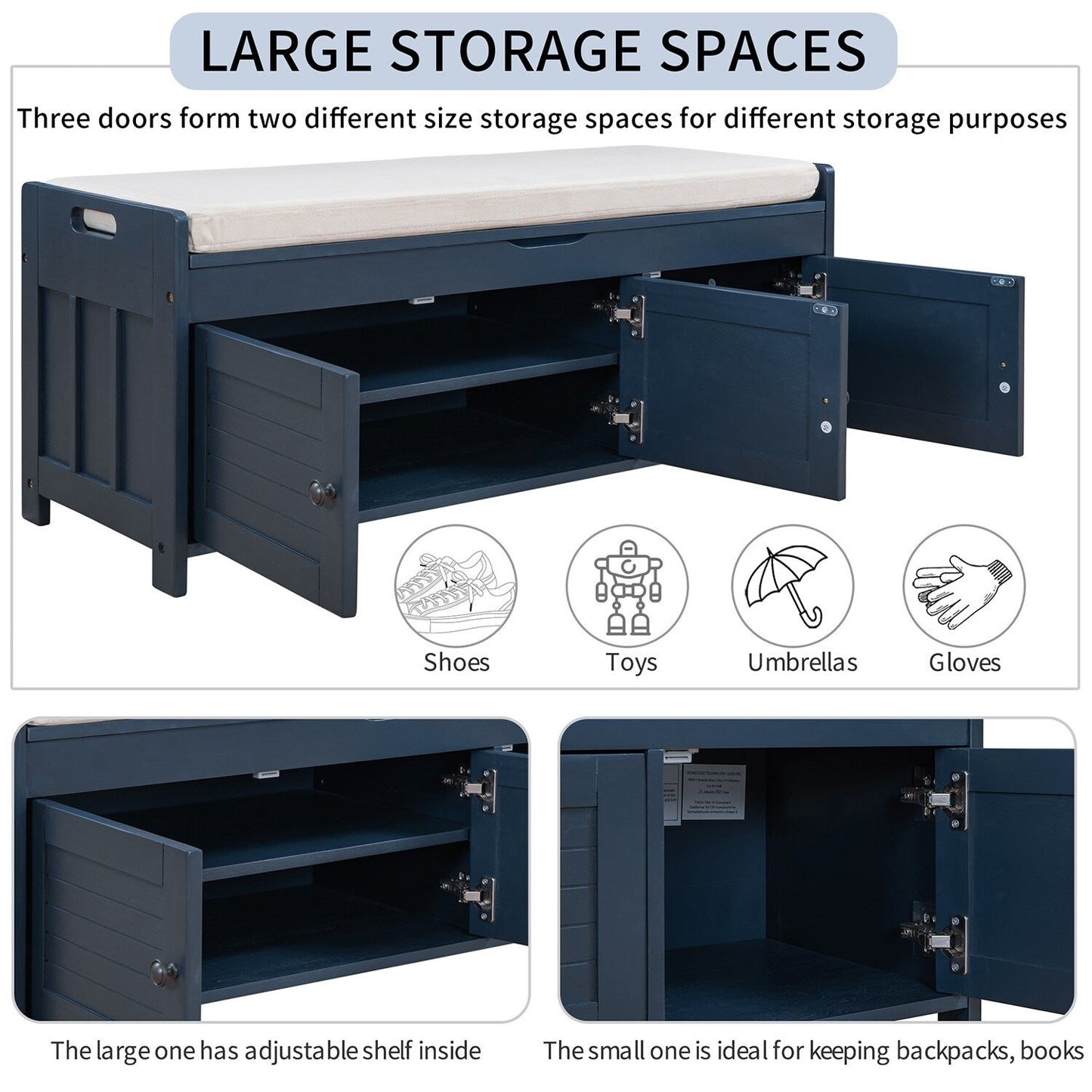 GZMR Navy Blue Storage Bench Modern Navy Blue Storage Bench 43.5-in x 16-in x 18-in