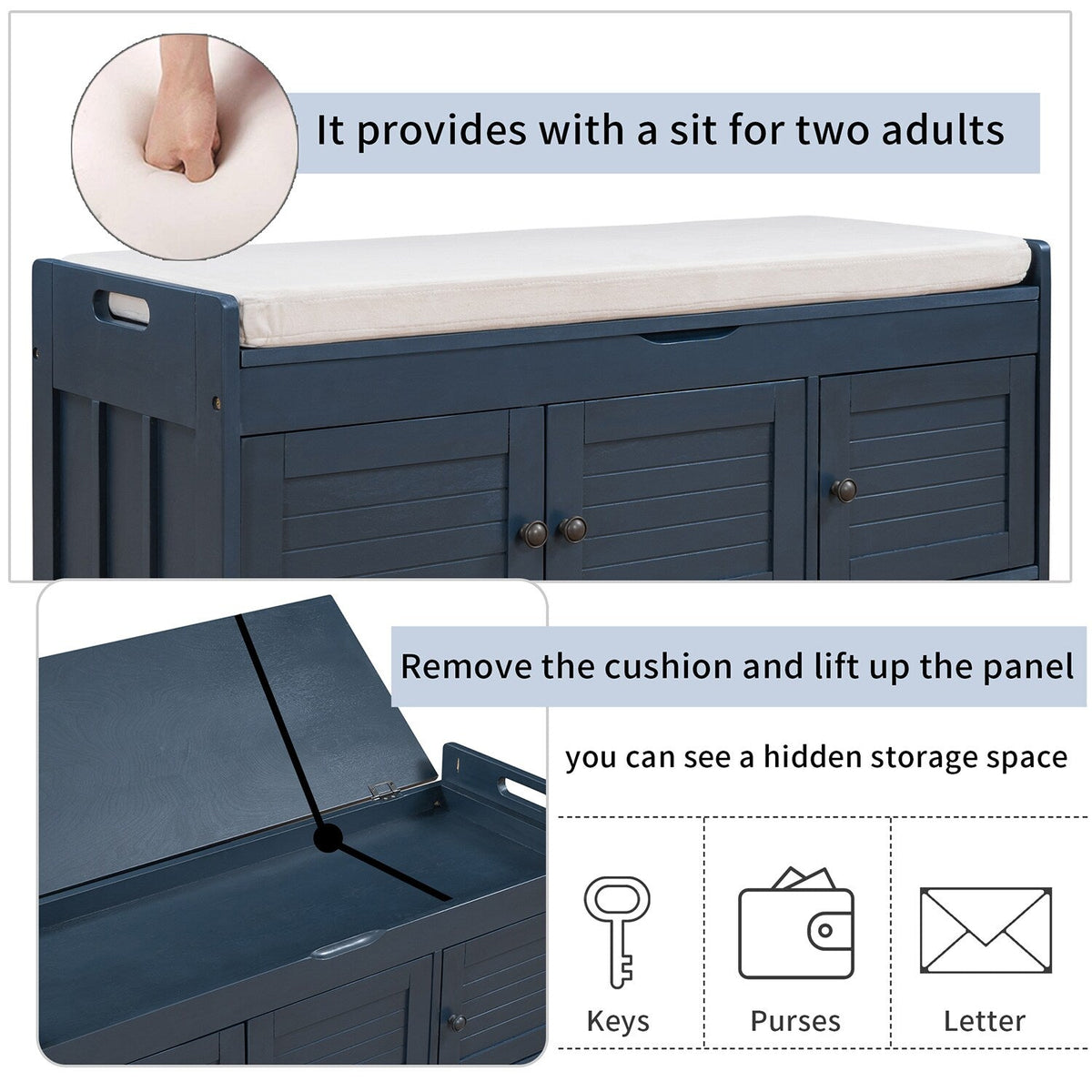 GZMR Navy Blue Storage Bench Modern Navy Blue Storage Bench 43.5-in x 16-in x 18-in