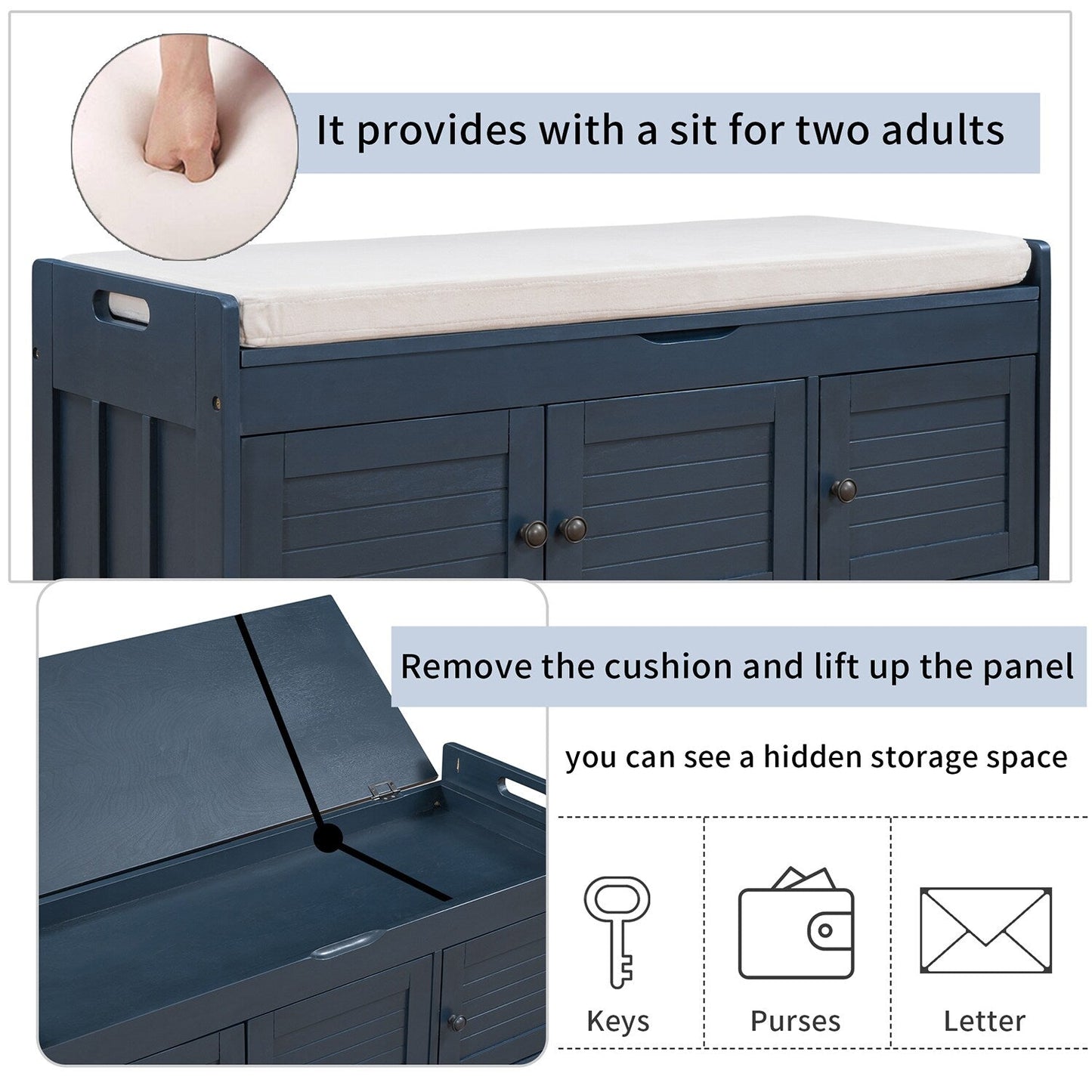 GZMR Navy Blue Storage Bench Modern Navy Blue Storage Bench 43.5-in x 16-in x 18-in