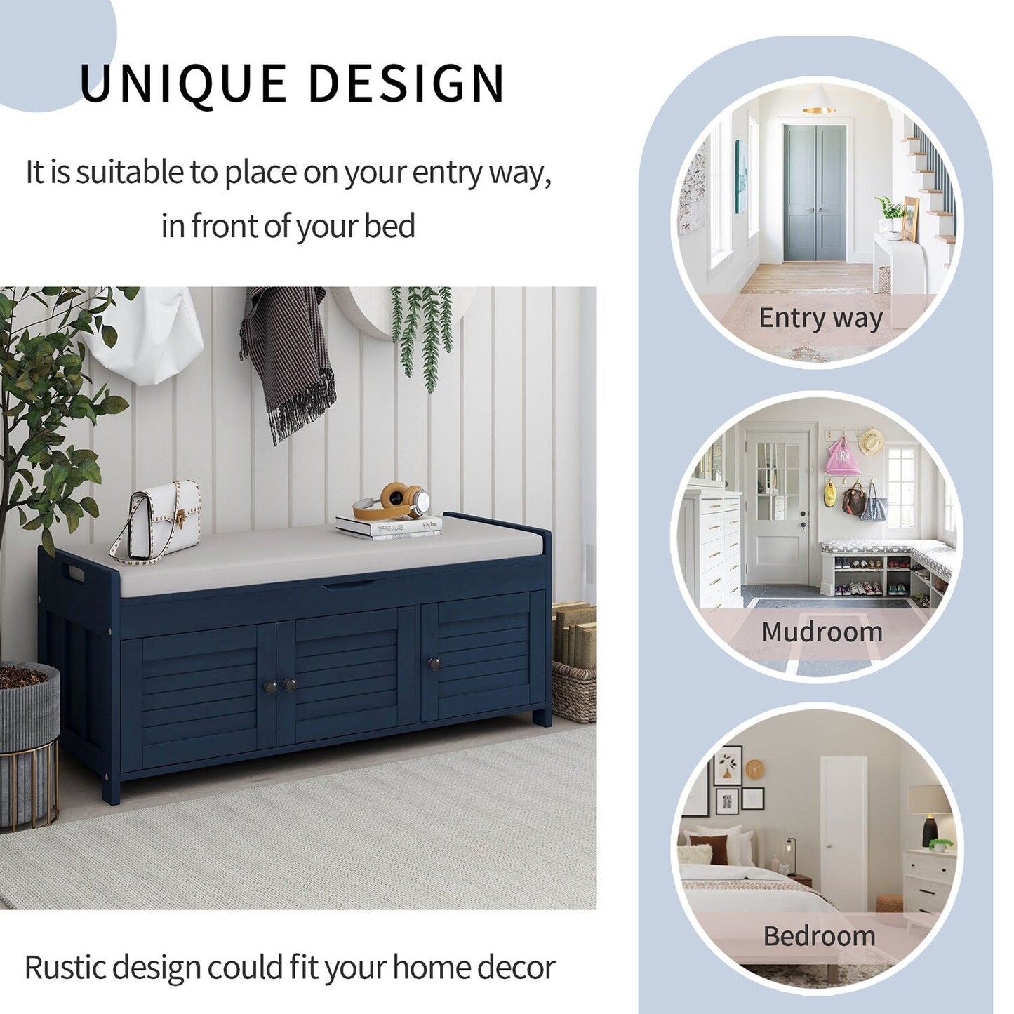 GZMR Navy Blue Storage Bench Modern Navy Blue Storage Bench 43.5-in x 16-in x 18-in