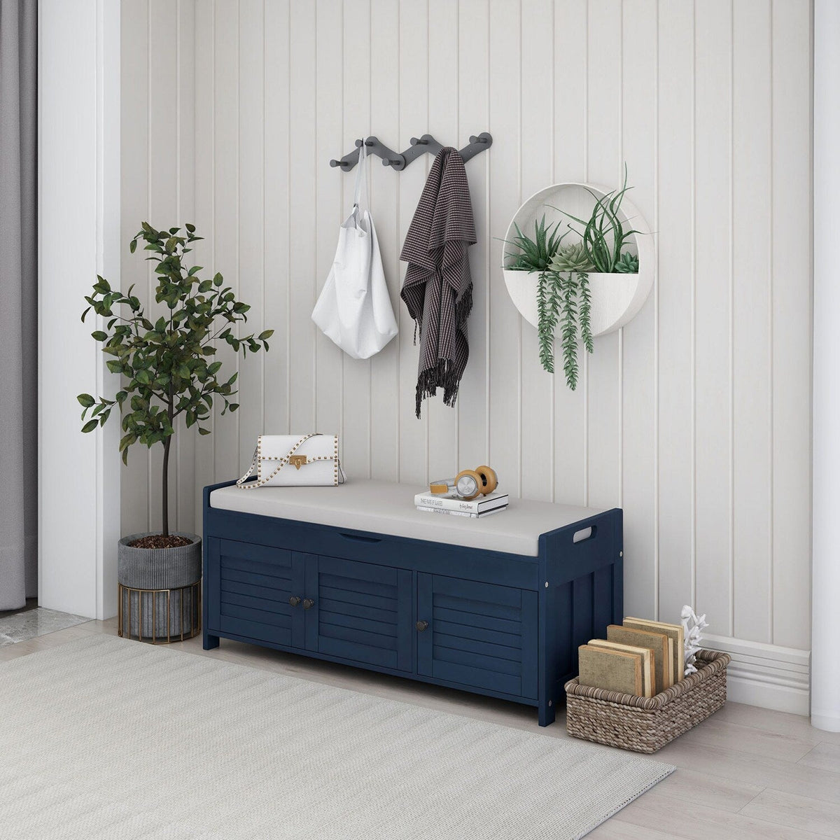 GZMR Navy Blue Storage Bench Modern Navy Blue Storage Bench 43.5-in x 16-in x 18-in