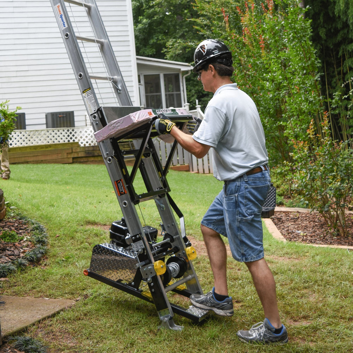 Tie Down TranzPorter TP250 Roofing Platform Ladder Hoist with Lifan Engine, 28–44 ft Reach, 250 lb Capacity