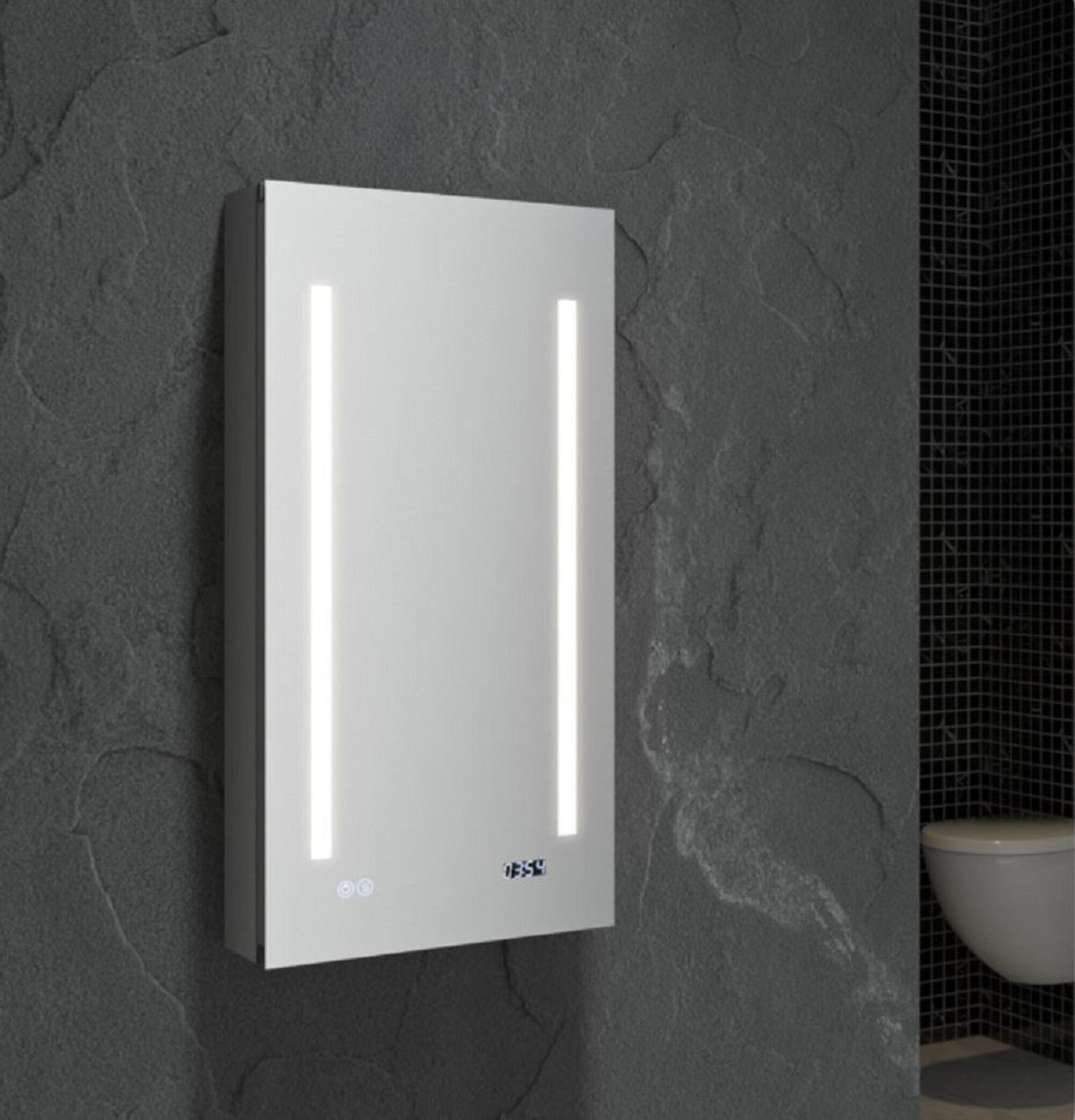 Fresca Tiempo 15-in x 30-in Lighted LED Fog Free Surface/Recessed Mount LED Mirror Mirrored Soft Close Medicine Cabinet with Outlet