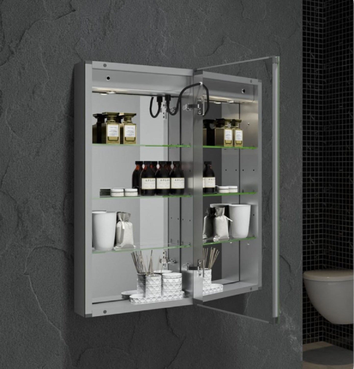 Fresca Tiempo 15-in x 30-in Lighted LED Fog Free Surface/Recessed Mount LED Mirror Mirrored Soft Close Medicine Cabinet with Outlet
