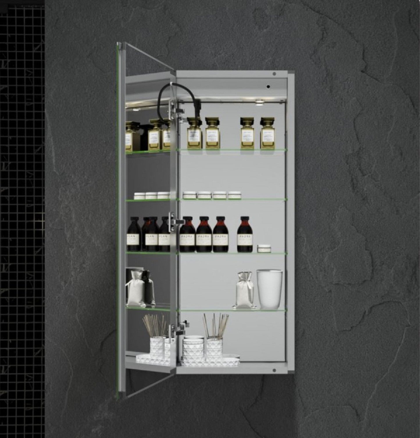Fresca 15-in x 36-in Lighted LED Fog Free Surface/Recessed Mount LED Mirror Mirrored Soft Close Medicine Cabinet with Outlet