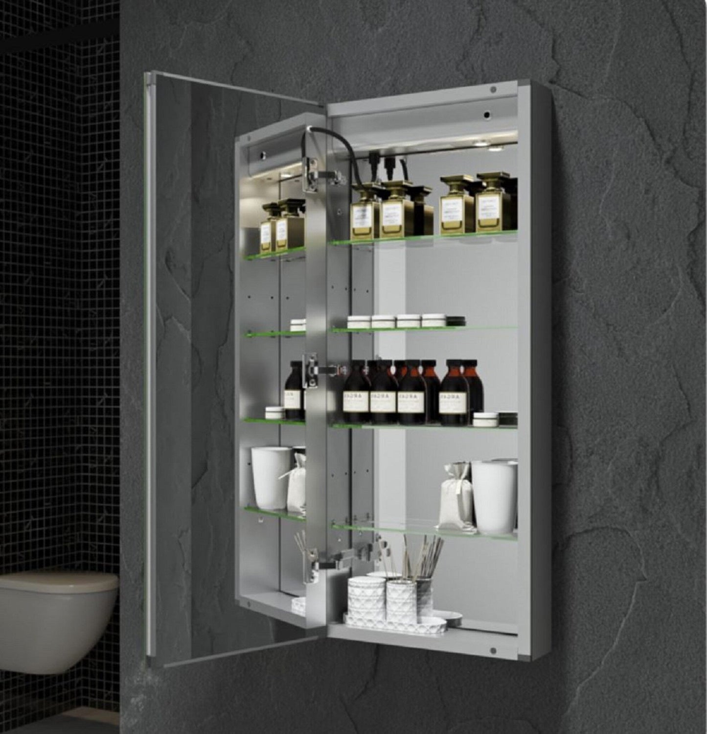 Fresca 15-in x 36-in Lighted LED Fog Free Surface/Recessed Mount LED Mirror Mirrored Soft Close Medicine Cabinet with Outlet