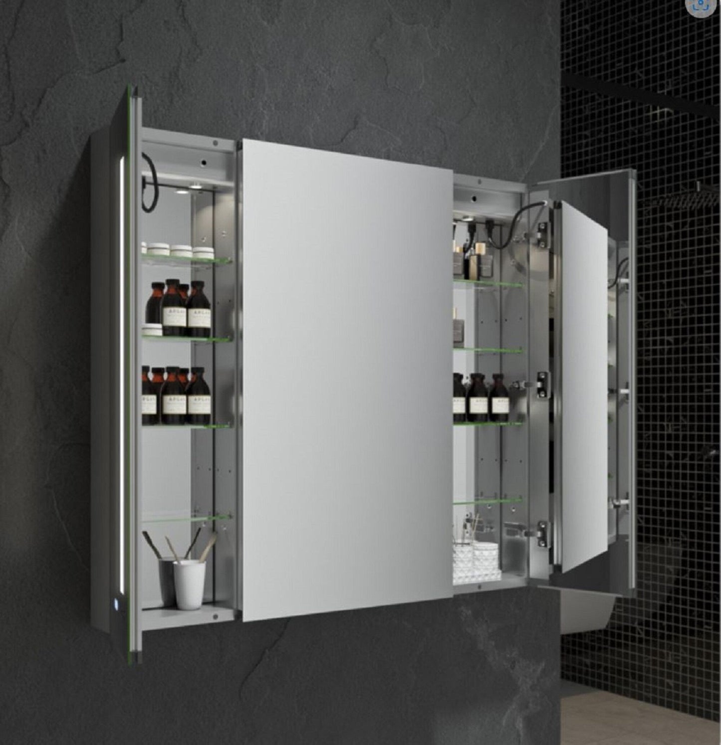 Fresca 40-in x 36-in Lighted LED Fog Free Surface/Recessed Mount LED Mirror Mirrored Soft Close Medicine Cabinet with Outlet