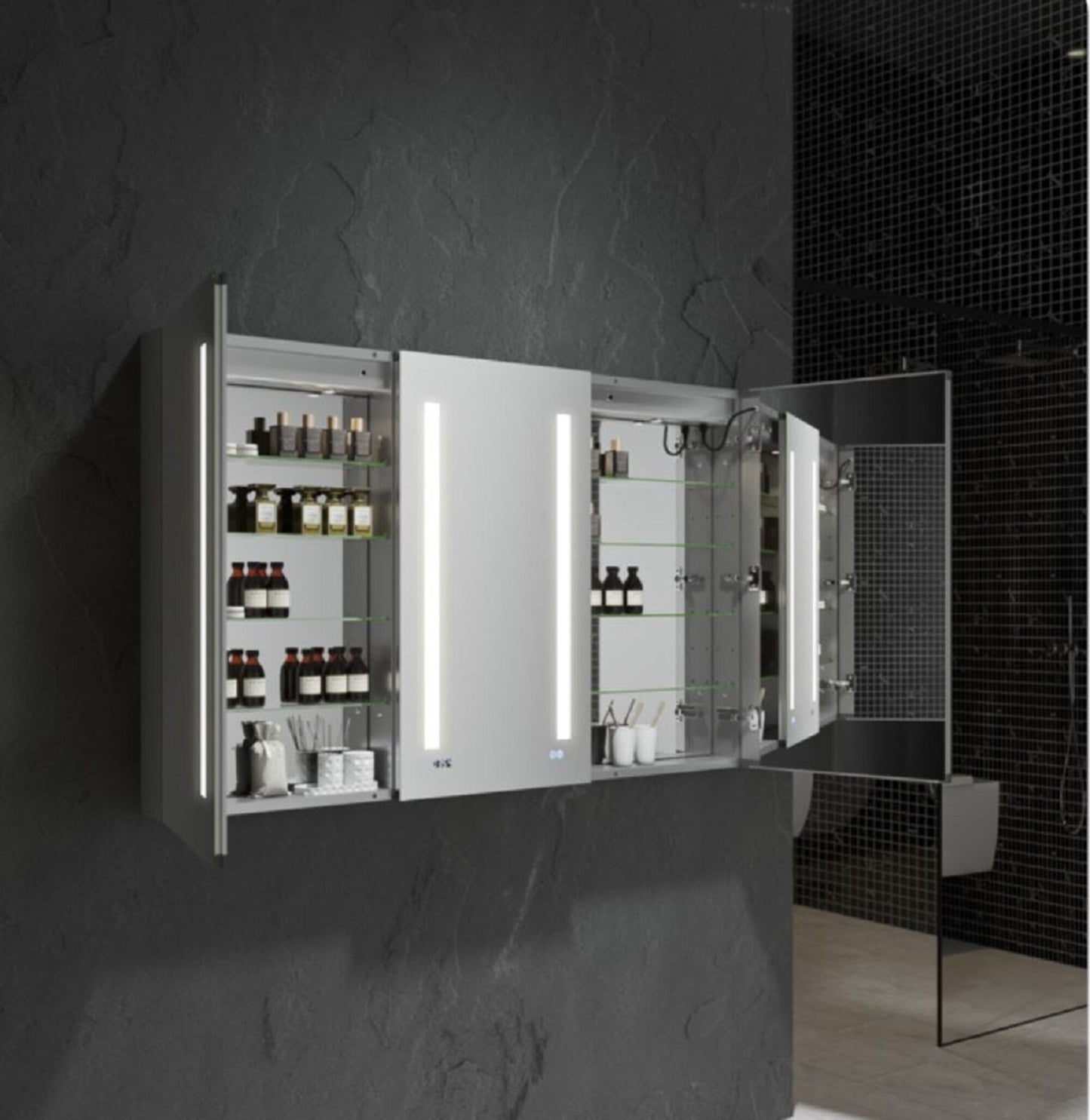 Fresca 60-in x 36-in Lighted LED Fog Free Surface/Recessed Mount LED Mirror Mirrored Soft Close Medicine Cabinet with Outlet