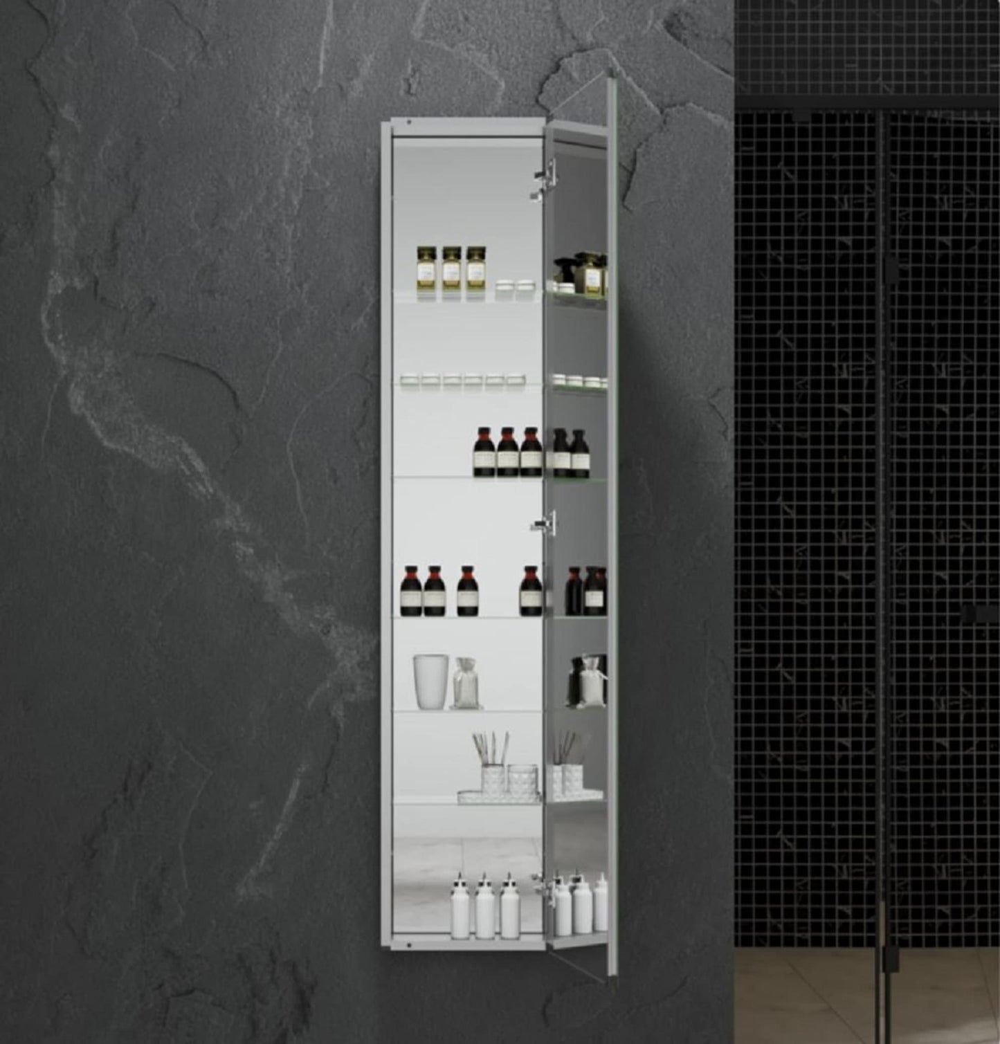 Fresca 15-in x 70-in Fog Free Surface/Recessed Mount Anodized Aluminum Mirrored Soft Close Medicine Cabinet