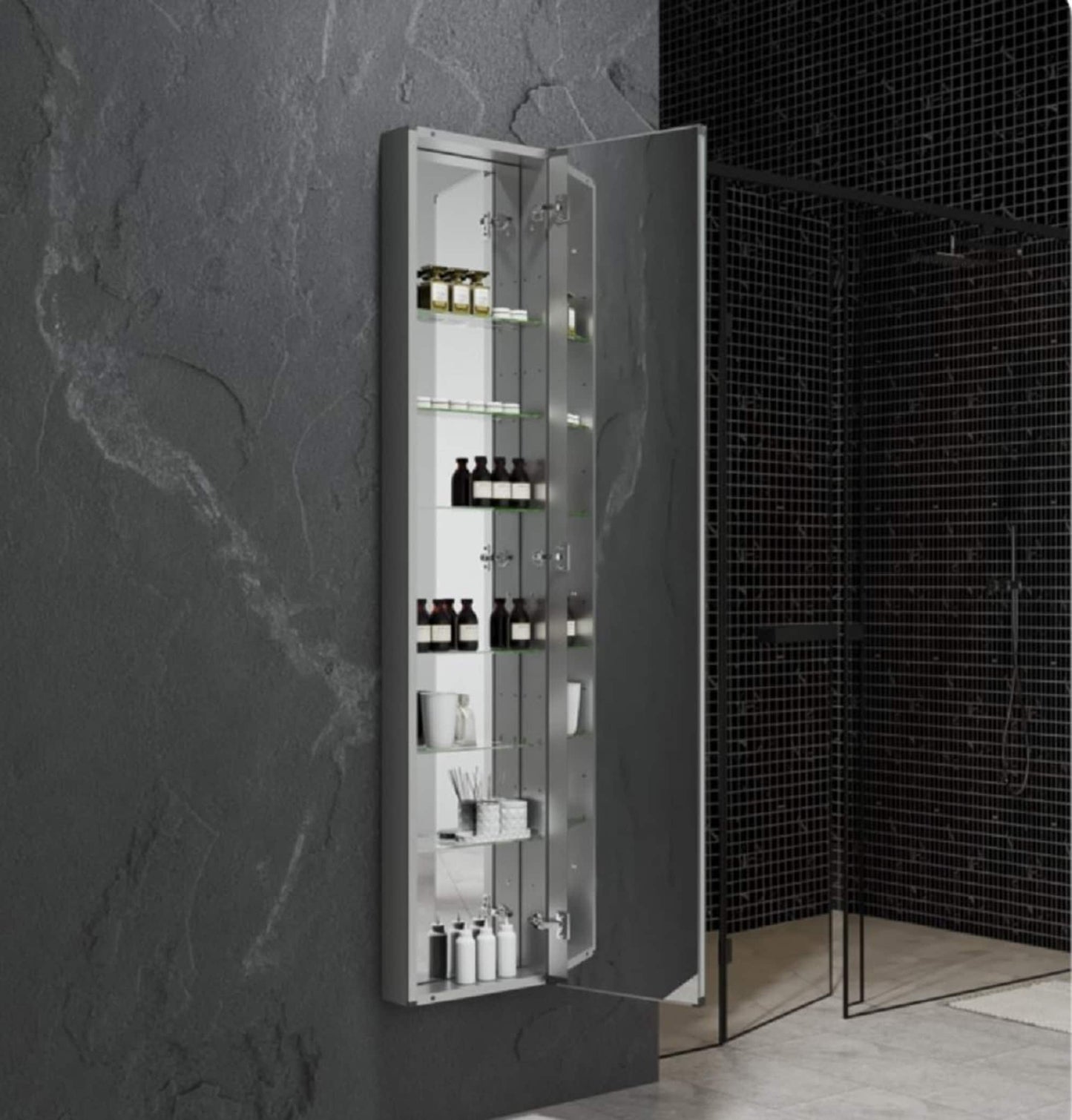 Fresca 15-in x 70-in Fog Free Surface/Recessed Mount Anodized Aluminum Mirrored Soft Close Medicine Cabinet