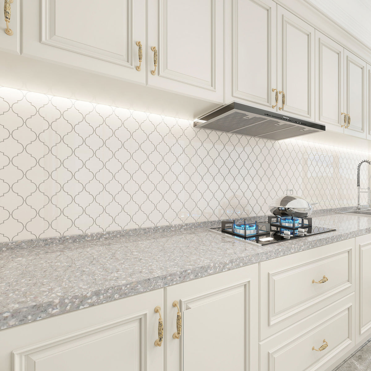 Giorbello (Sample) Glass Arabesque Tiles Alabaster 4-1/2-in x 4-1/2-in Glossy Glass Lantern Mosaic Wall Tile