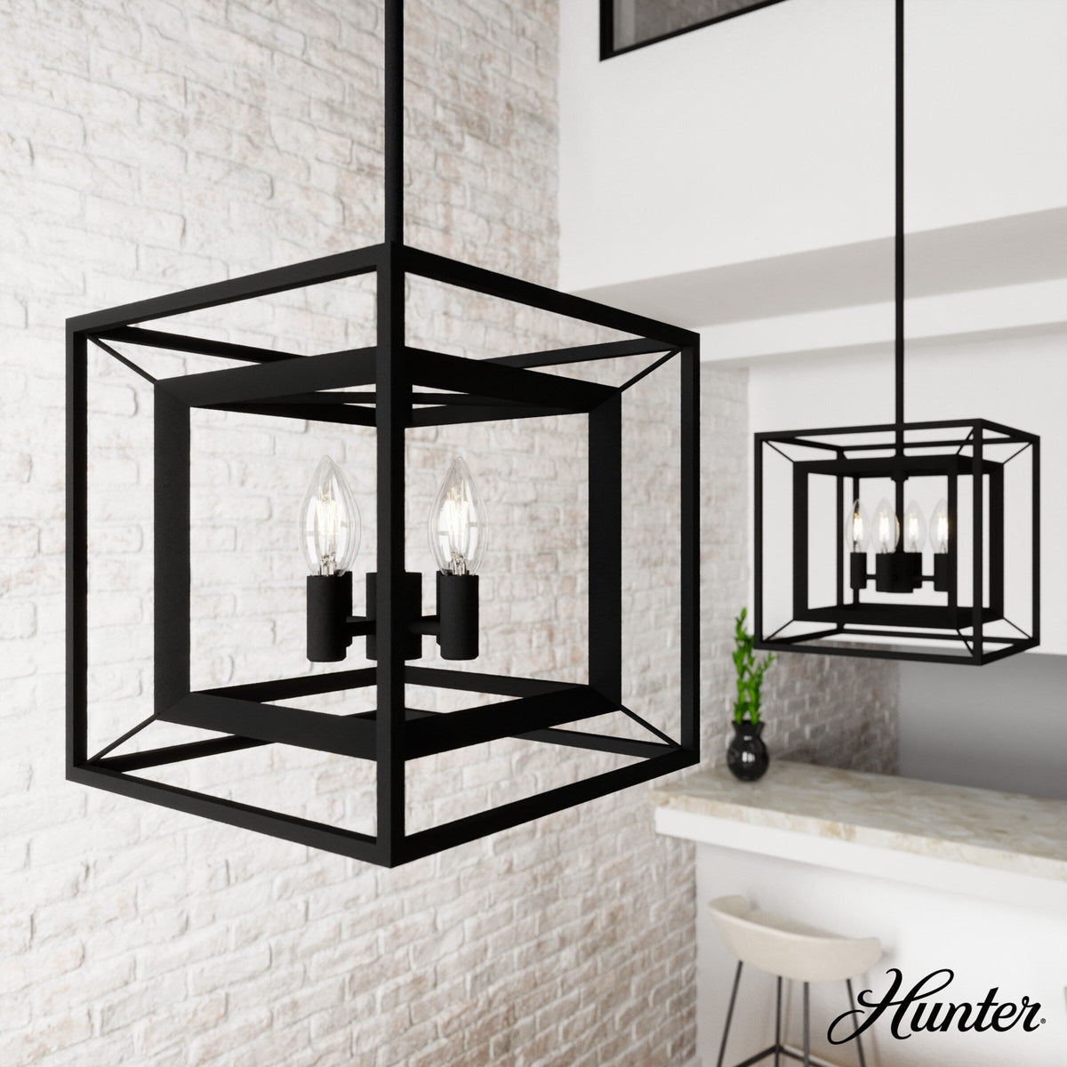 Hunter Doherty 4-Light Natural Iron Industrial Square LED Medium Hanging Convertible Pendant/semi-flush