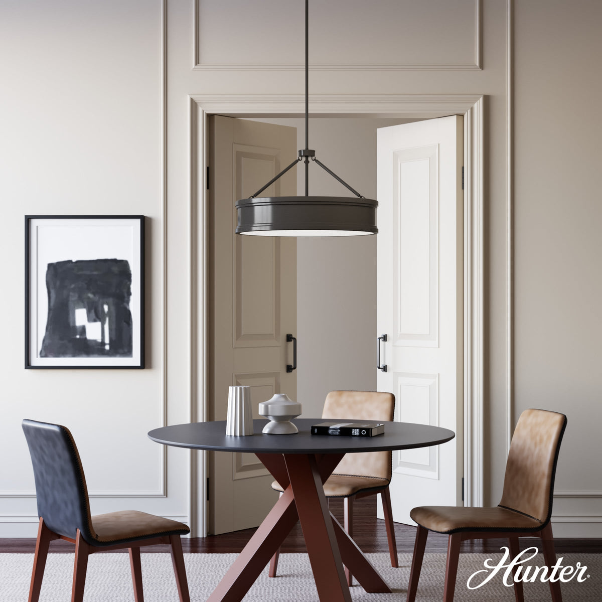 Hunter Capshaw 6-Light Noble Bronze Traditional Frosted Glass Drum LED Large Hanging Kitchen Island Light
