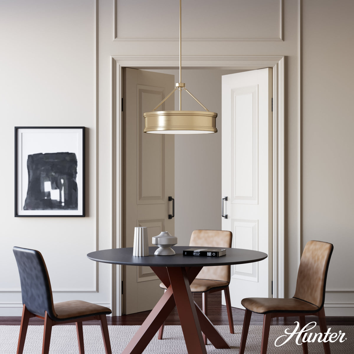 Hunter Capshaw 5-Light Alturas Gold Traditional Frosted Glass Drum LED Medium Hanging Kitchen Island Light