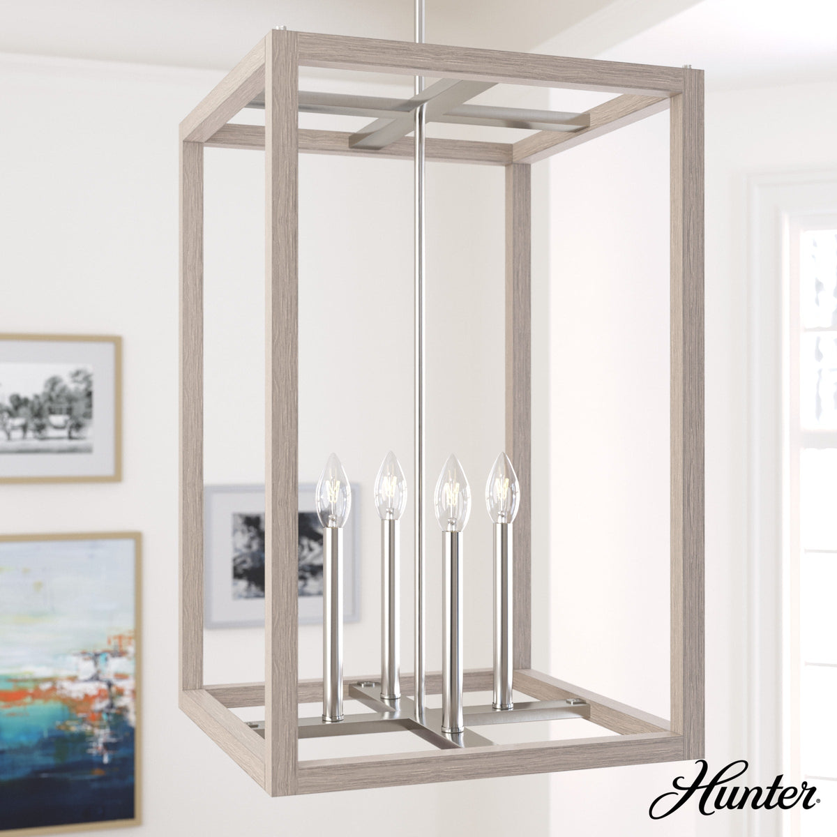 Hunter Squire Manor 4-Light Brushed Nickel Modern/Contemporary Square LED Medium Hanging Kitchen Island Light