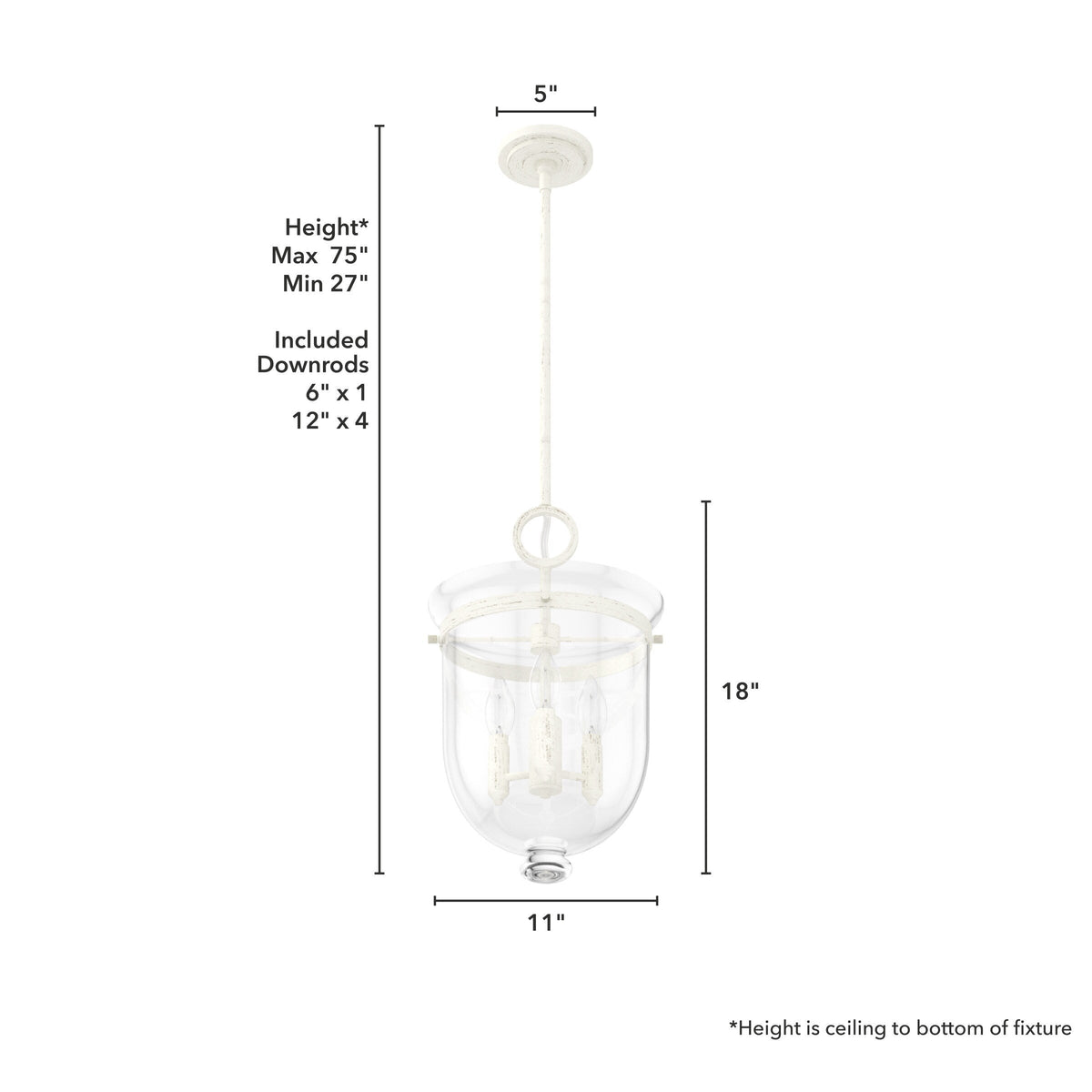 Hunter Belltown 3-Light Rustic White Transitional Clear Glass Urn LED Medium Hanging Pendant Light