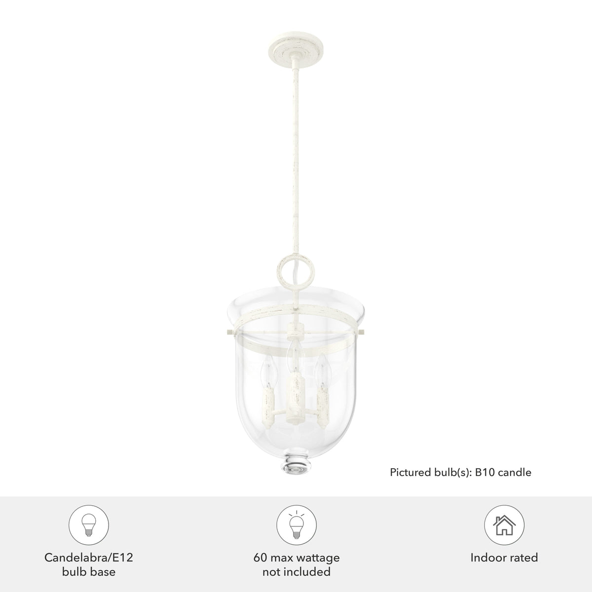 Hunter Belltown 3-Light Rustic White Transitional Clear Glass Urn LED Medium Hanging Pendant Light