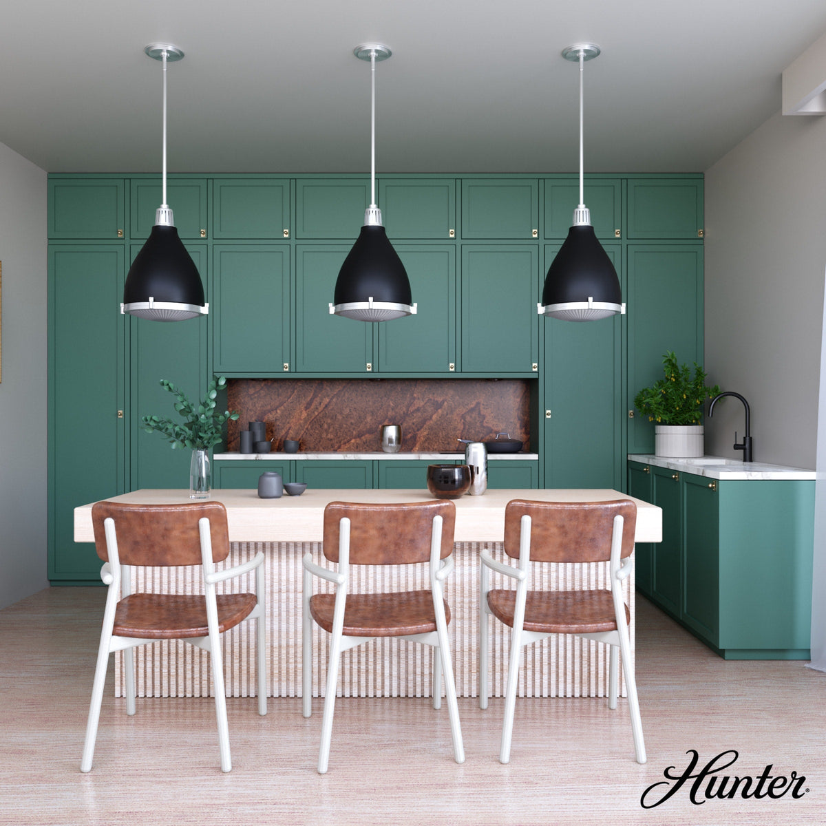 Hunter Bluff View 3-Light Flat Matte Black Transitional Clear Glass Dome LED Medium Hanging Kitchen Island Light