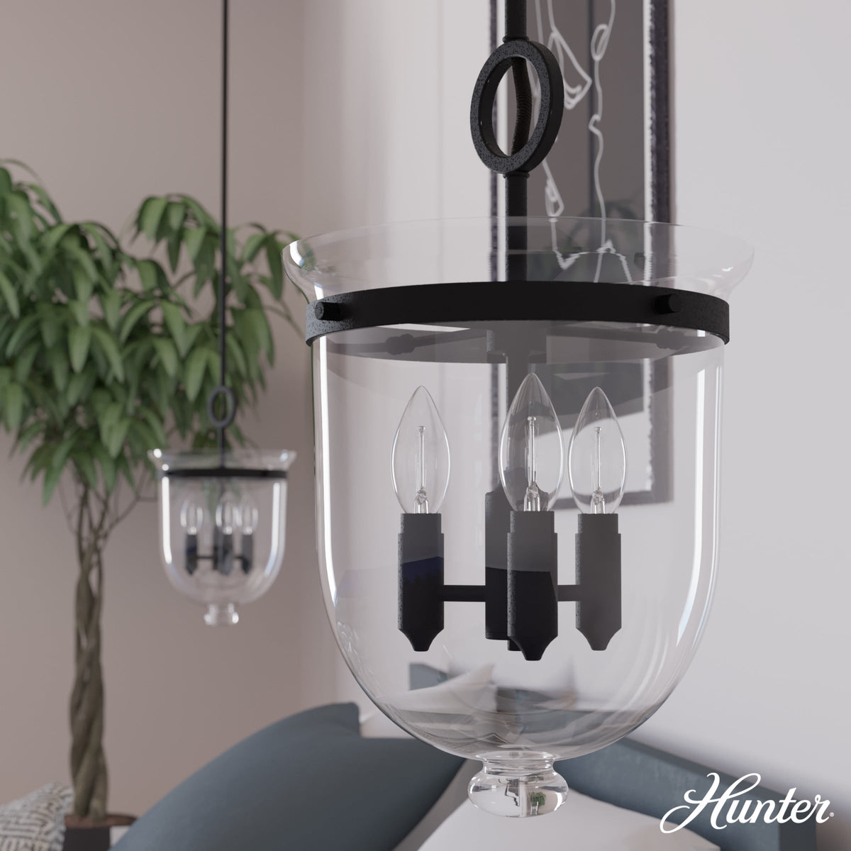 Hunter Belltown 3-Light Natural Iron Transitional Clear Glass Urn LED Medium Hanging Pendant Light