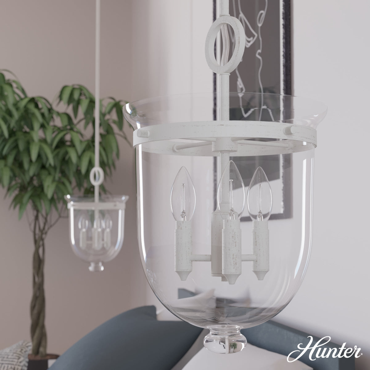 Hunter Belltown 3-Light Rustic White Transitional Clear Glass Urn LED Medium Hanging Pendant Light
