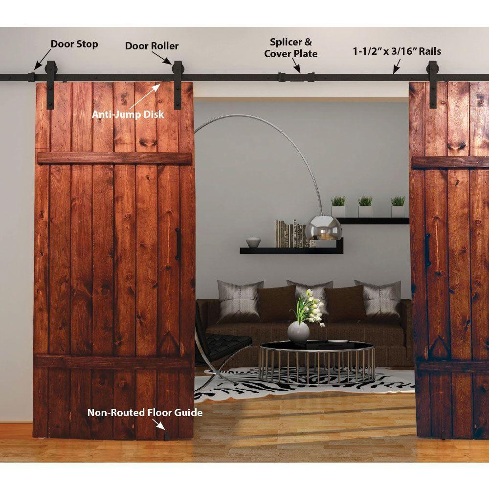 137.75 in. Black Solid Steel Barn Door Hardware Kit for Double Wood Doors with Adjustable Floor Guides (2-Piece Rails) - Super Arbor