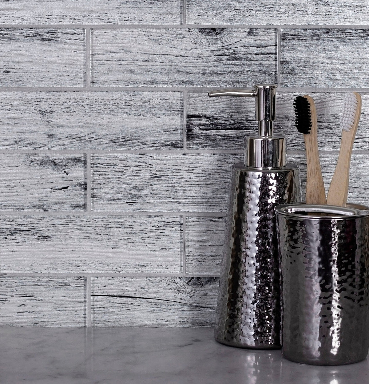 Apollo Tile (Sample) Gray 4-in x 4-in Glossy Glass Brick Wood Look Floor and Wall Tile
