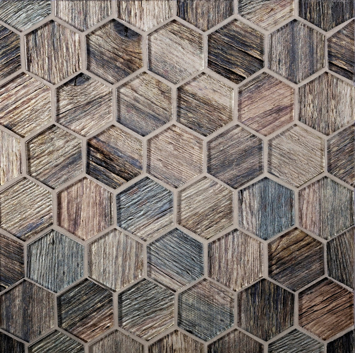 Apollo Tile Brown, Blue 12-in x 12-in Glossy Glass Honeycomb Wood Look Wall Tile (4.83-sq. ft/ Carton)