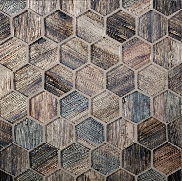 Apollo Tile Brown, Blue 12-in x 12-in Glossy Glass Honeycomb Wood Look Wall Tile (4.83-sq. ft/ Carton)