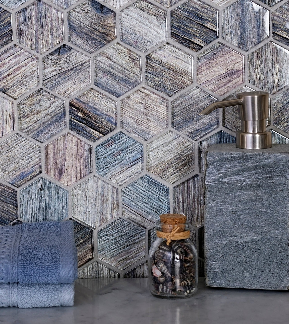 Apollo Tile (Sample) Brown, Blue 4-in x 4-in Glossy Glass Honeycomb Wood Look Wall Tile