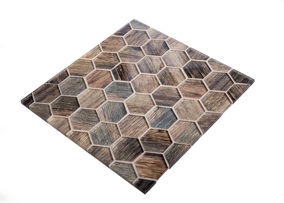 Apollo Tile (Sample) Brown, Blue 4-in x 4-in Glossy Glass Honeycomb Wood Look Wall Tile