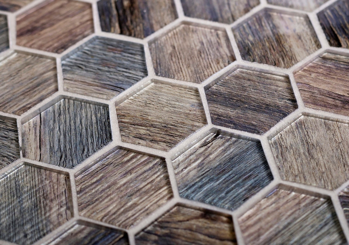 Apollo Tile (Sample) Brown, Blue 4-in x 4-in Glossy Glass Honeycomb Wood Look Wall Tile