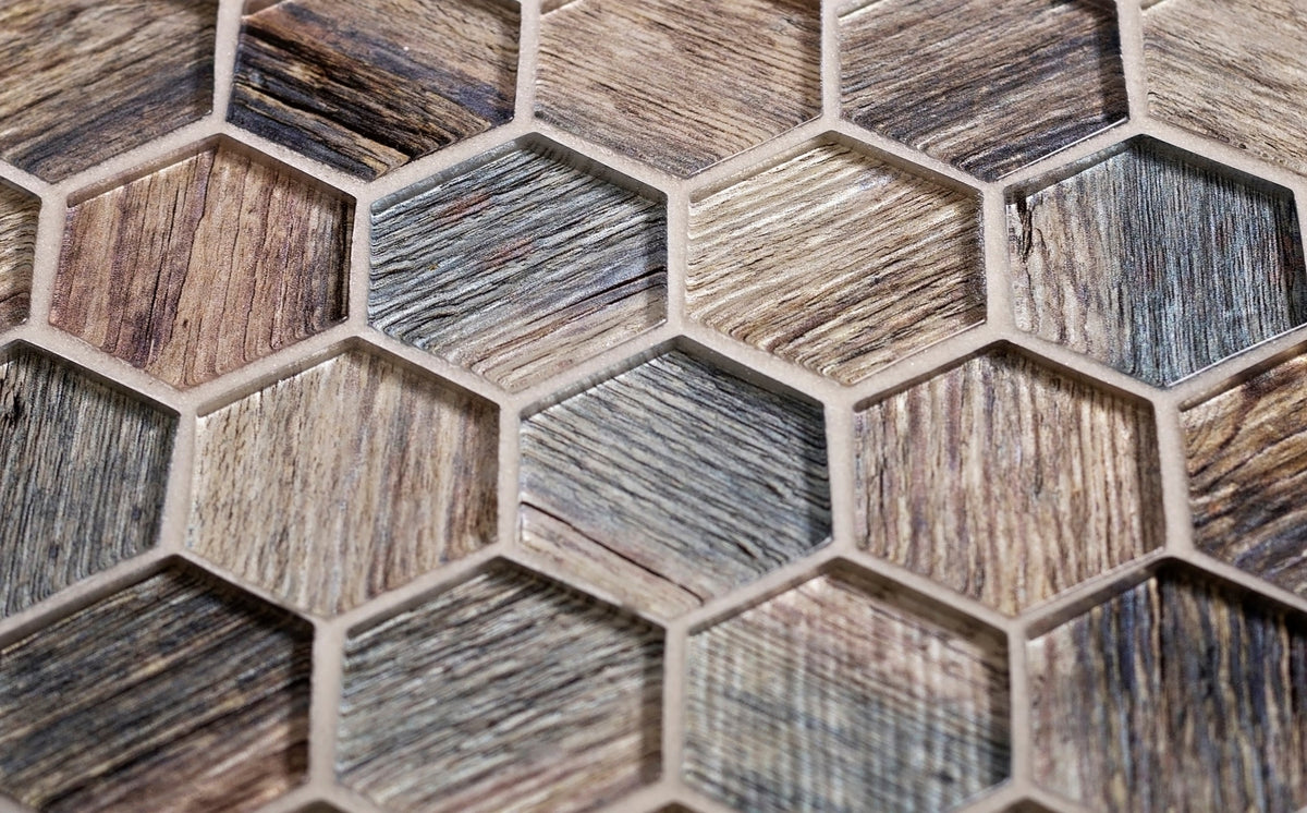 Apollo Tile (Sample) Brown, Blue 4-in x 4-in Glossy Glass Honeycomb Wood Look Wall Tile