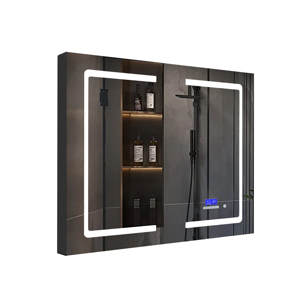 Lexora Bracciano 36-in x 36-in Lighted LED Fog Free Surface Mount Gray Mirrored Soft Close Medicine Cabinet