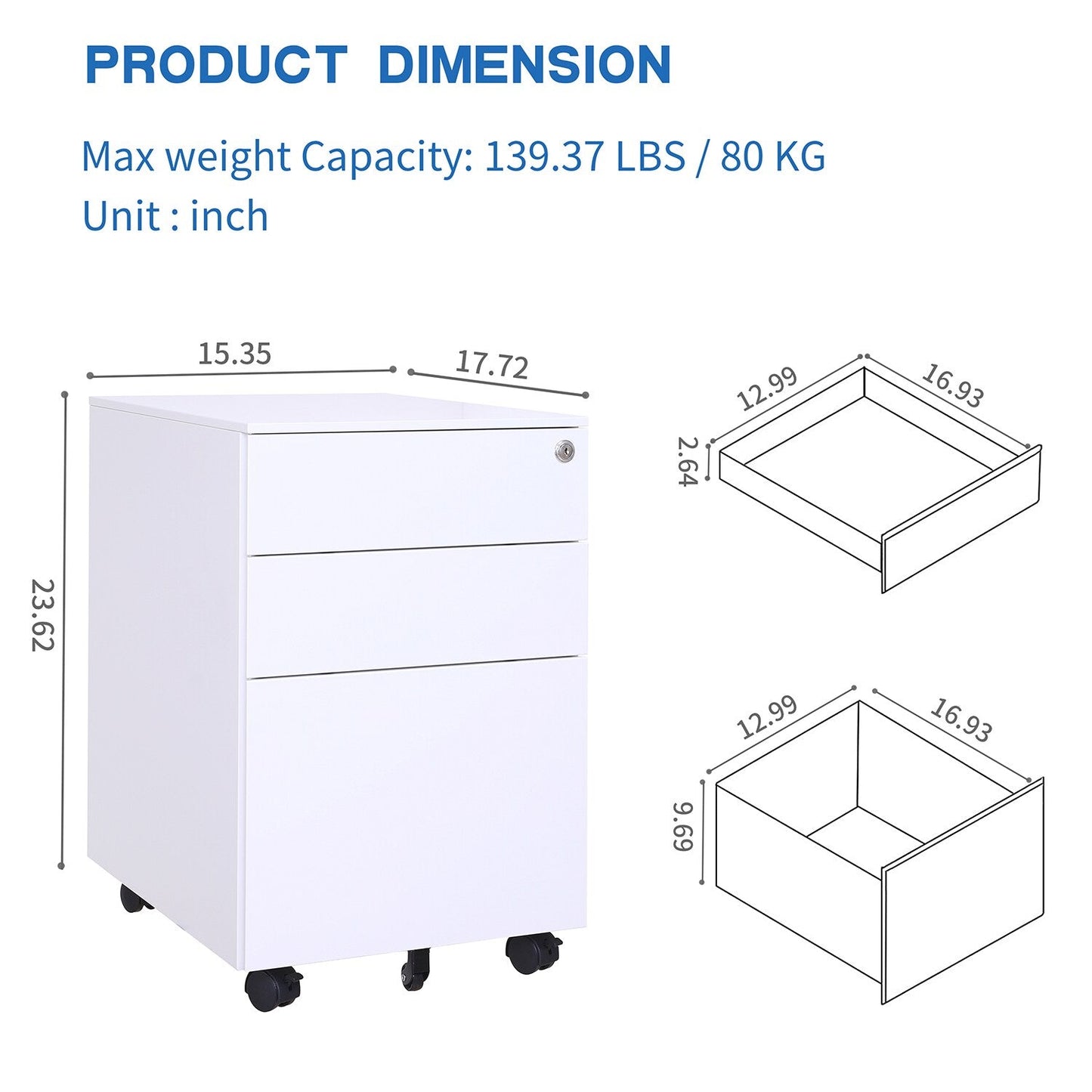 GZMR 3 Drawer File Cabinet White 3-Drawer 15.35-in File Cabinet