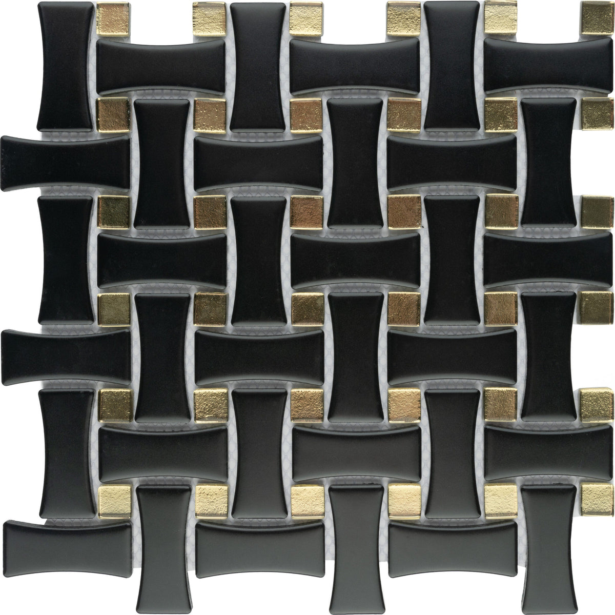 Affinity Tile Metro Dog Bone Basketweave Matte Black with Glass Gold Dot 10-in x 10-in Multi-finish Porcelain Mosaic Wall Tile product image