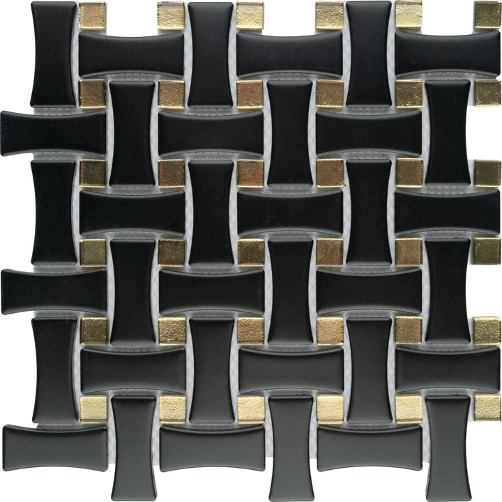 Affinity Tile Metro Dog Bone Basketweave Matte Black with Glass Gold Dot 10-in x 10-in Multi-finish Porcelain Mosaic Wall Tile product image