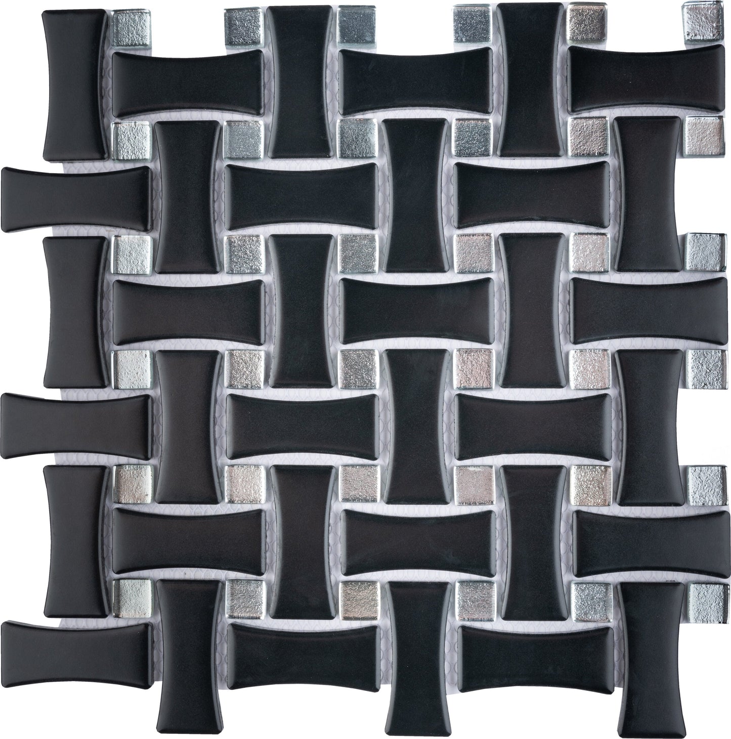 Affinity Tile Metro Dog Bone Basketweave Matte Black with Glass Silver Dot 10-in x 10-in Multi-finish Porcelain Mosaic Wall Tile product image